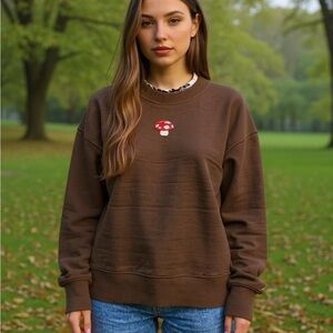 Mushroom Embroidery Brown Pull Over Sweatshirt